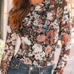 COPY - Sexy Floral Mesh Top Mock Neck Long Sleeve See Throug, Going Out, L - XL